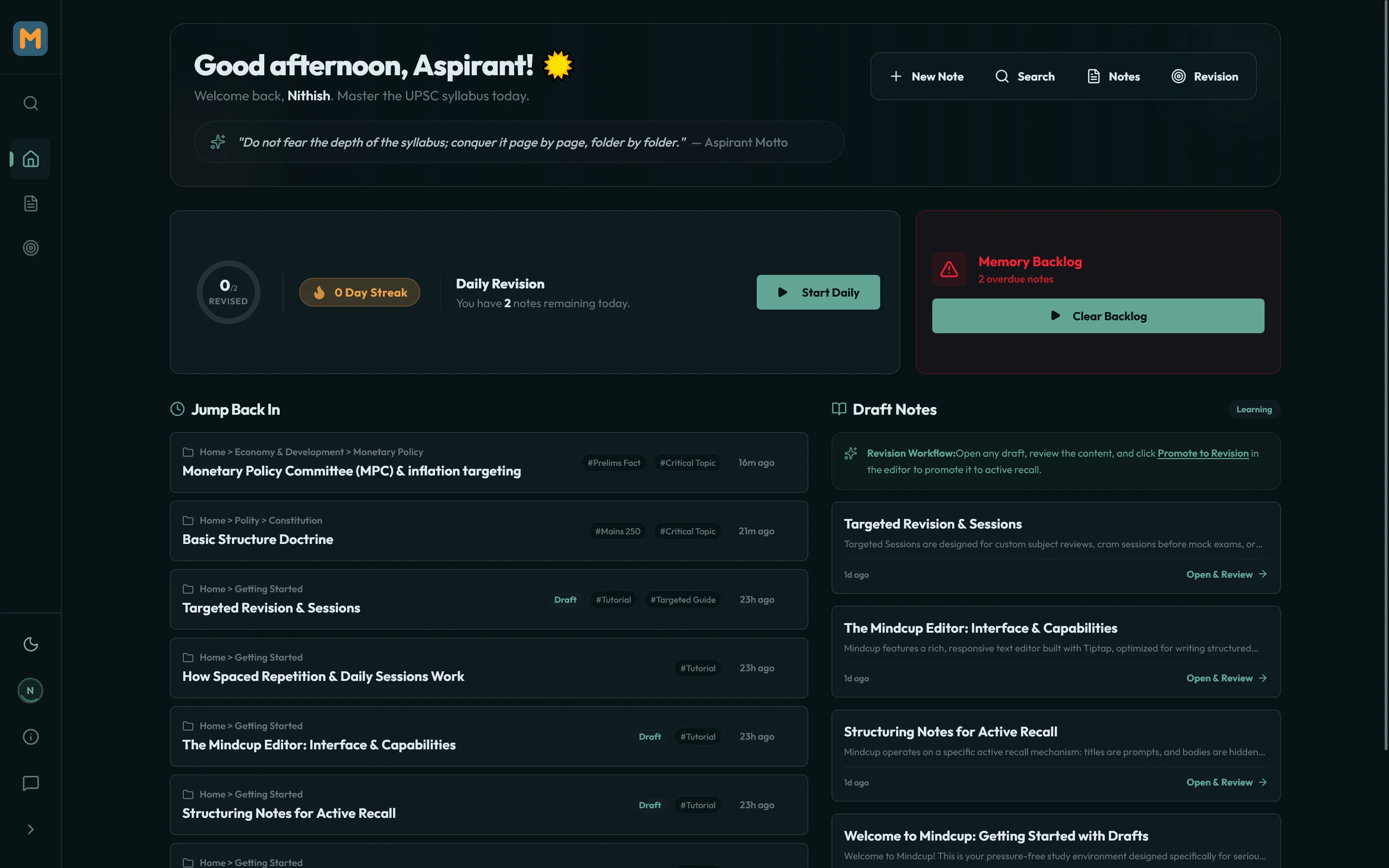 Mindcup dashboard — daily revision queue, streak tracker, and UPSC syllabus workspace