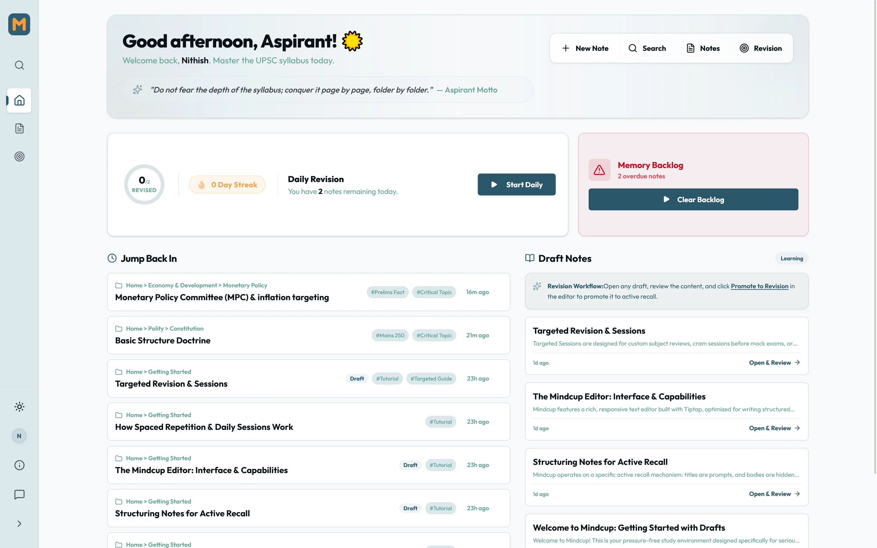Mindcup dashboard — daily revision queue, streak tracker, and UPSC syllabus workspace